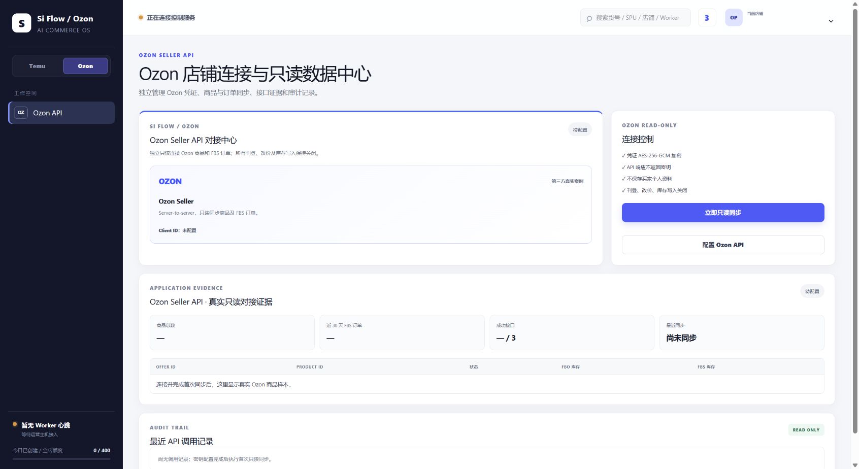 Si Flow Ozon 店铺连接与只读数据中心真实 Dashboard 截图